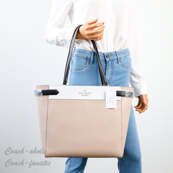 NWT Kate Spade Staci Laptop Tote Triple compartment Leather in Warm Beige - Picture 3 of 13